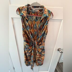 Monaco Pleated Mini Dress Tie Front Colorful Abstract Sleeveless Stretch Large